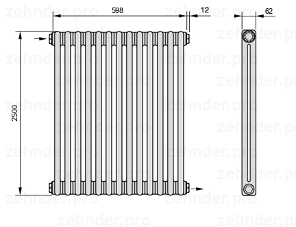 Схема (чертеж) Радиатор Zehnder Charleston 2250/13 №1670 Белый глянцевый RAL 9016